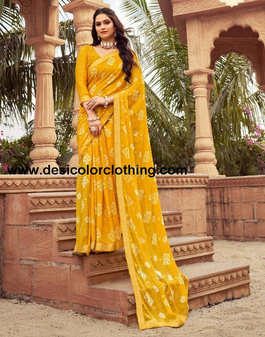 Yellow Chiffon Printed Saree