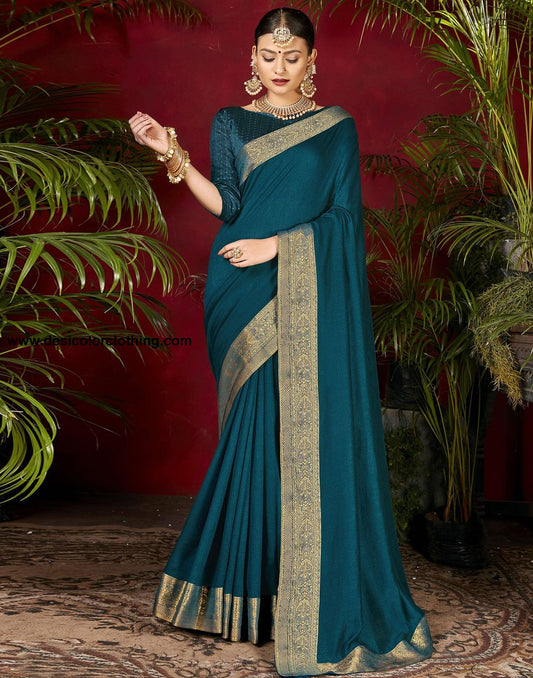 Dark Teal Blue Plain Silk Saree