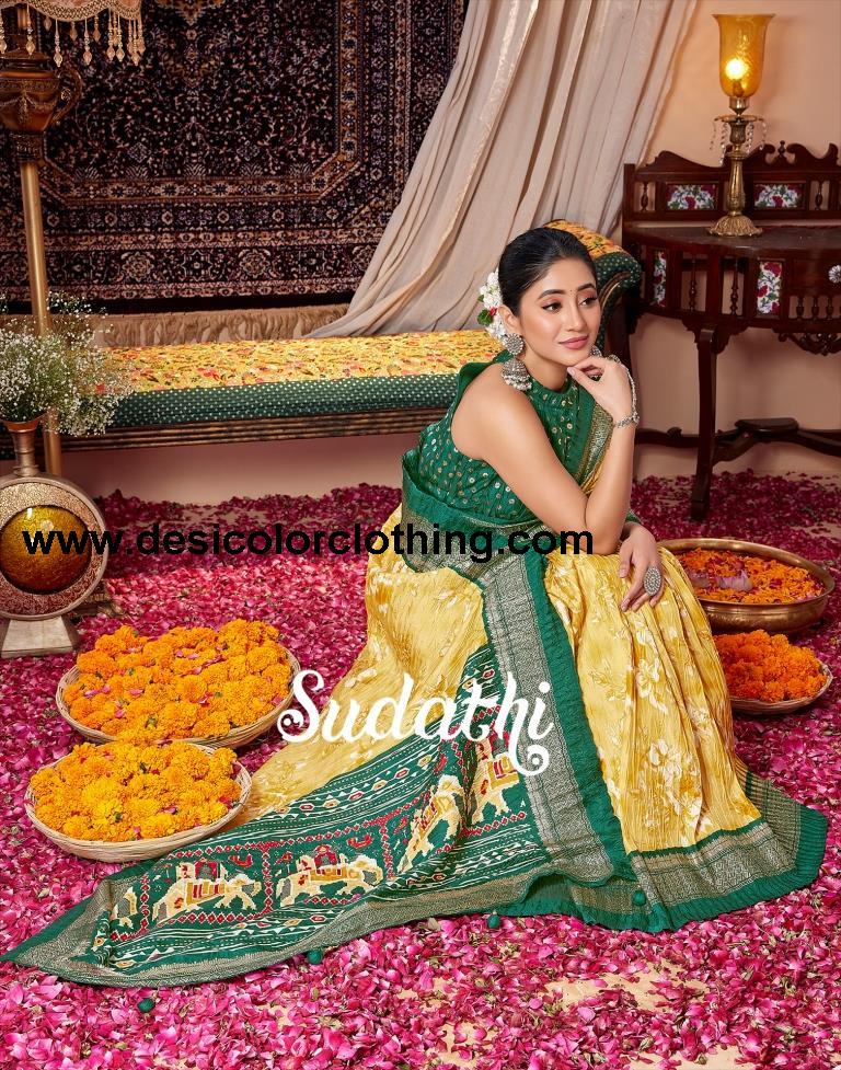 Yellow & Cream Printed Silk Saree