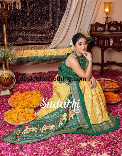 Yellow & Cream Printed Silk Saree