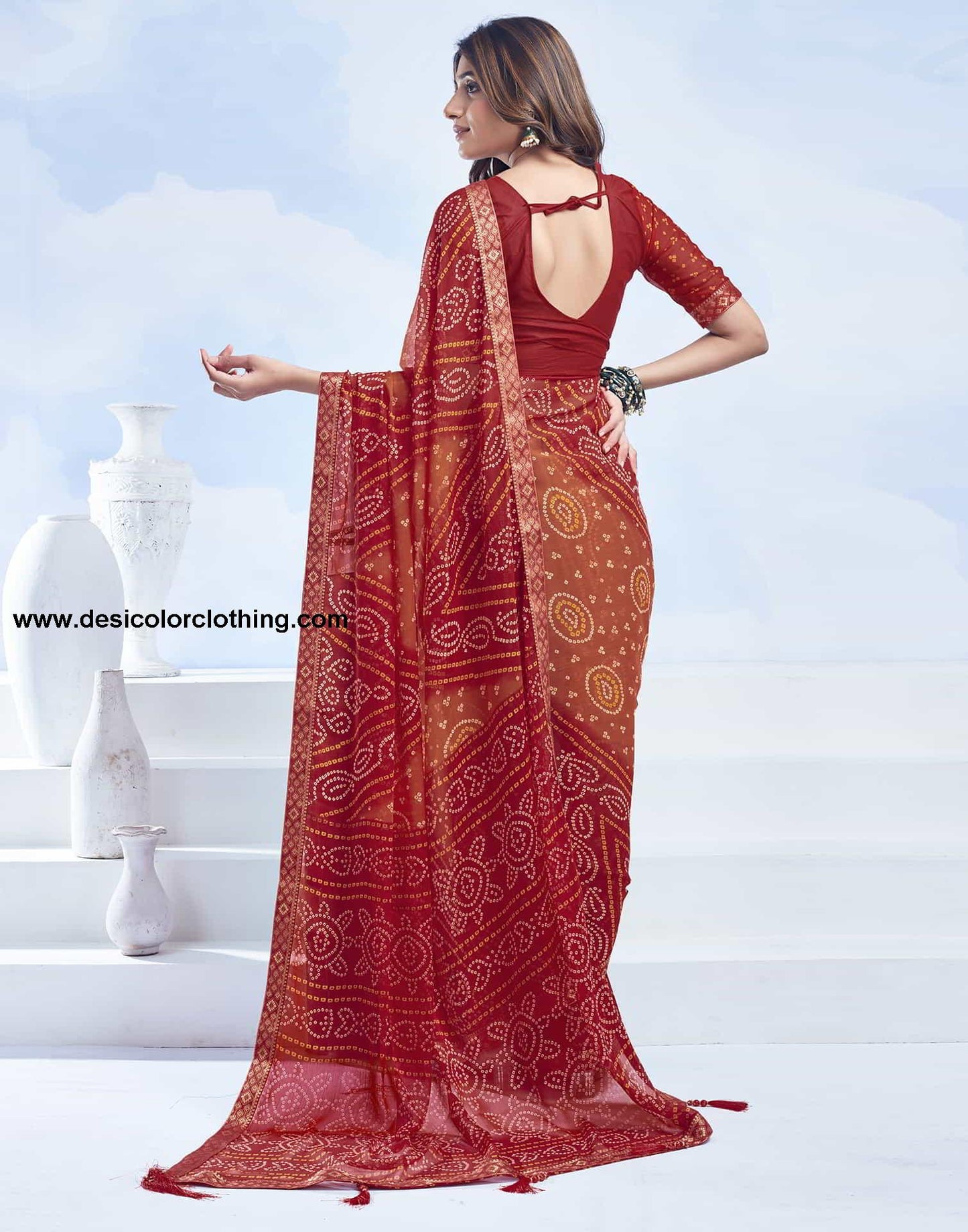 Red Bandhani Chiffon Saree