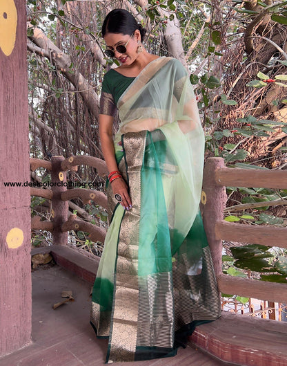 Dark Green Plain Organza Saree