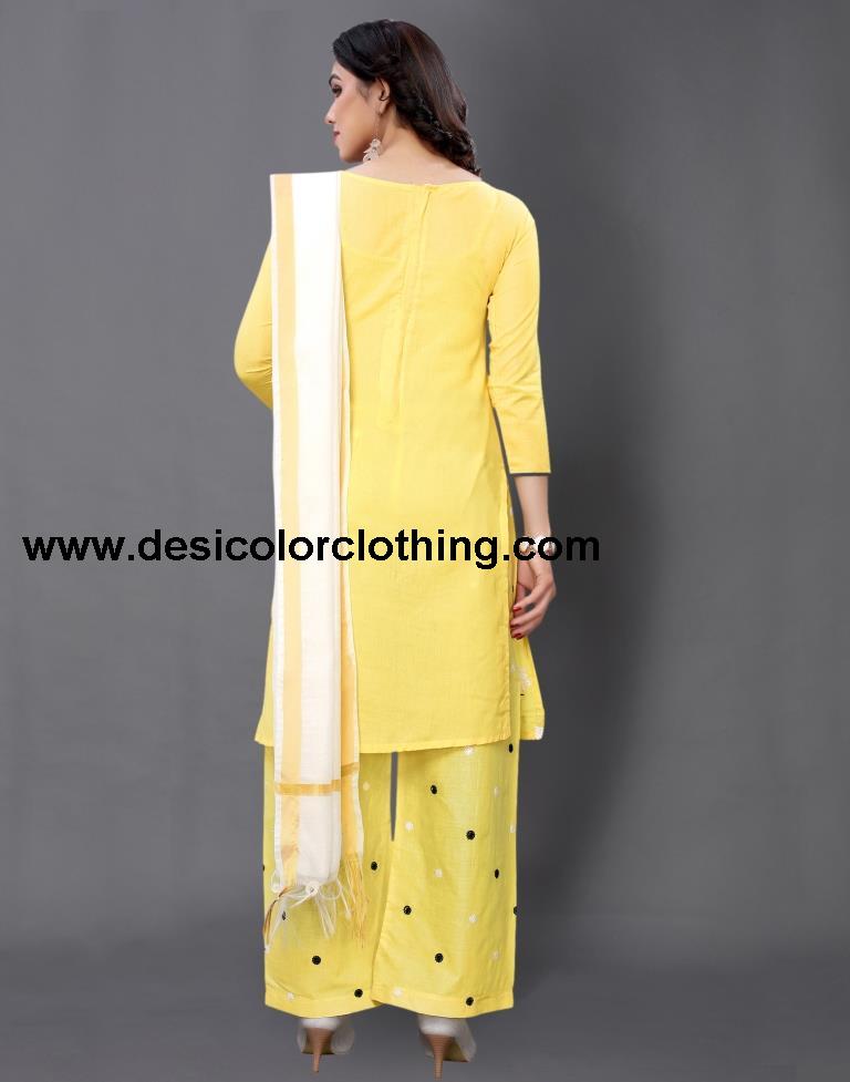 Yellow Cotton Embroidered Unstitched Salwar Suit