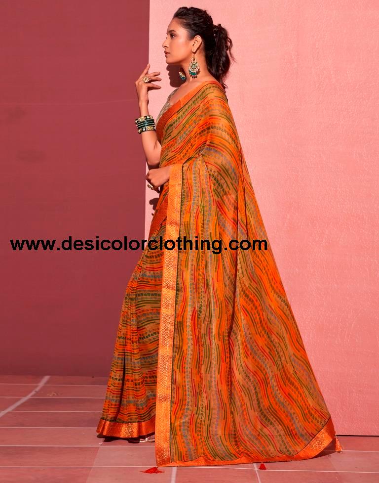 Orange Chiffon Printed Saree