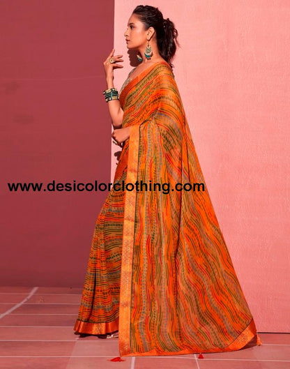 Orange Chiffon Printed Saree