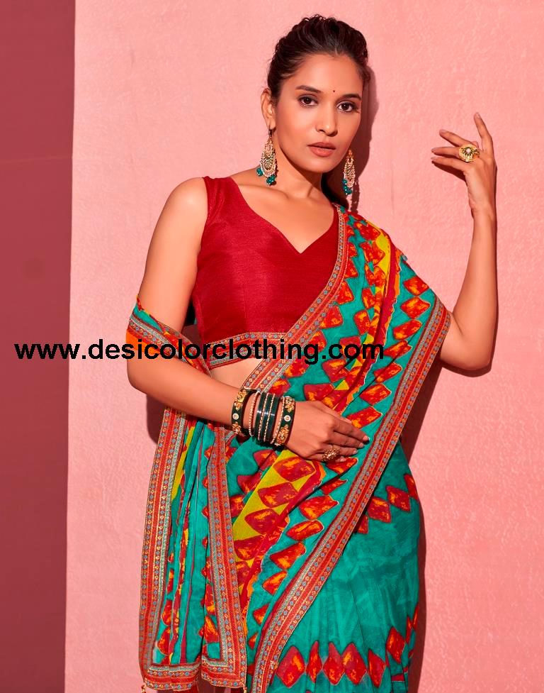 Teal Blue Chiffon Printed Saree