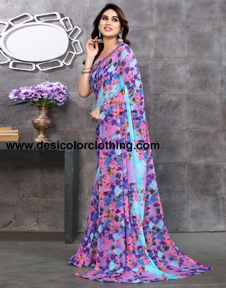 Sky Blue Georgette Floral Printed Saree