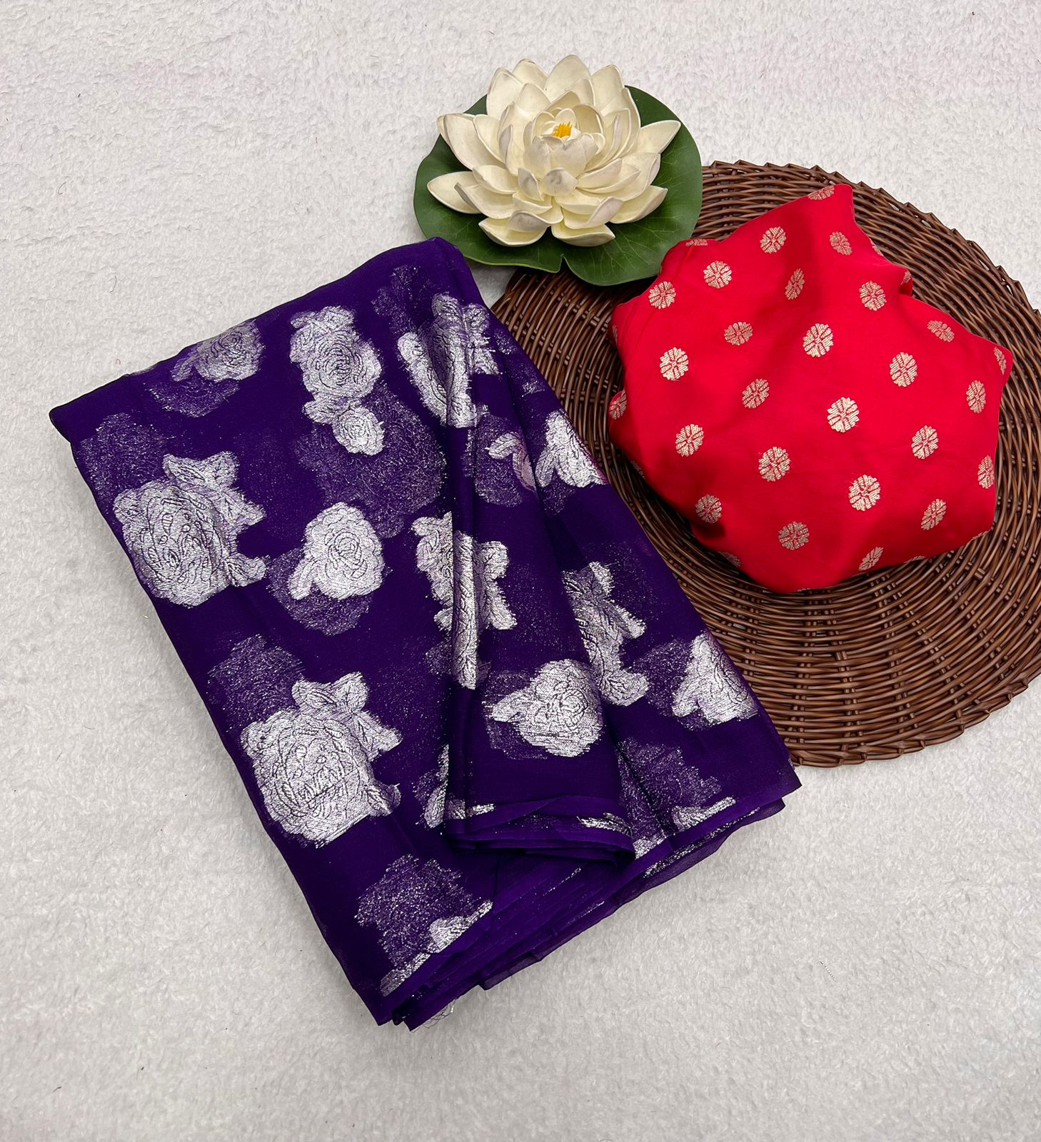Product Image - Designer Viscose Georgette Saree with Silver Butta and Zari Border