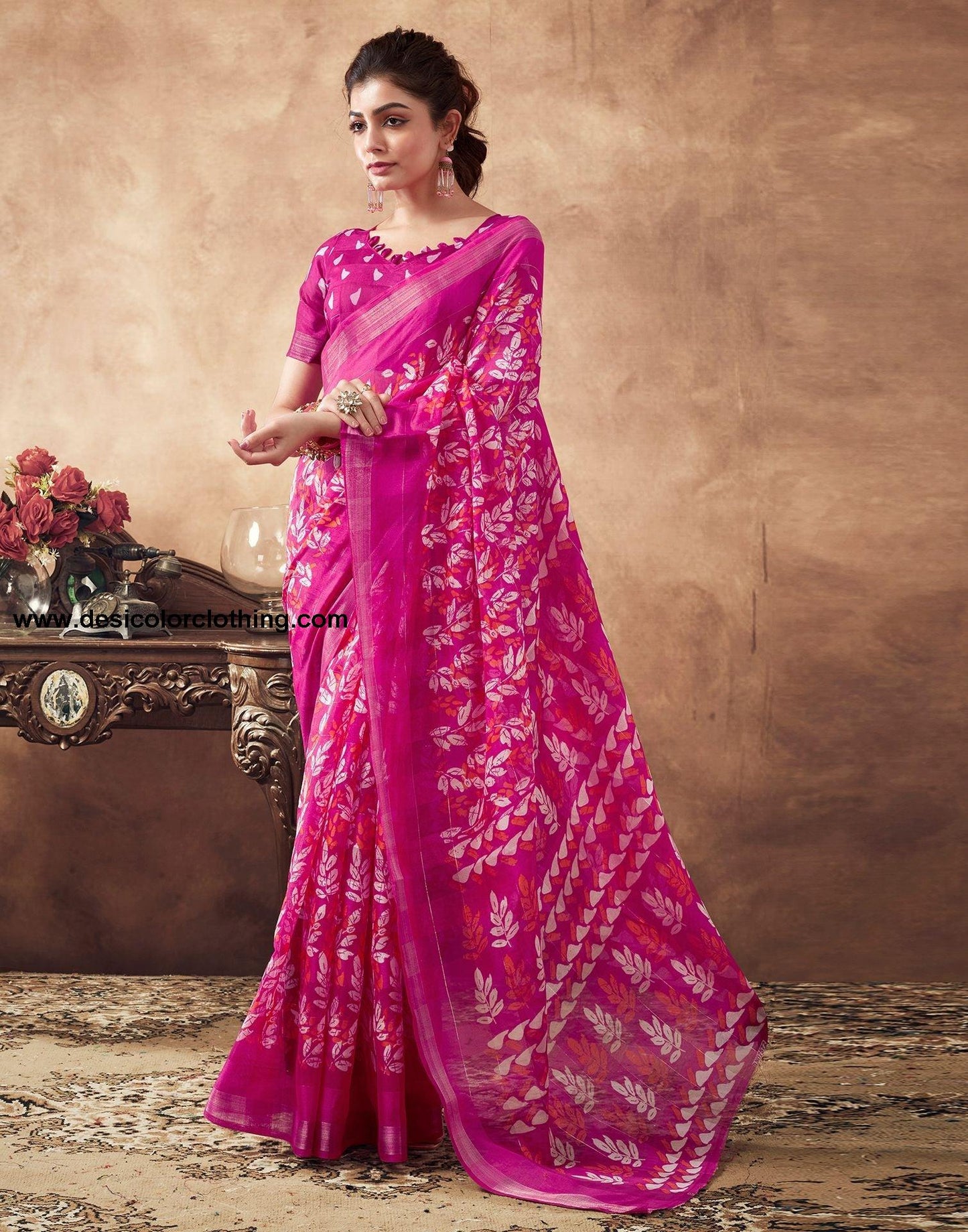 Pink Printed Cotton Saree