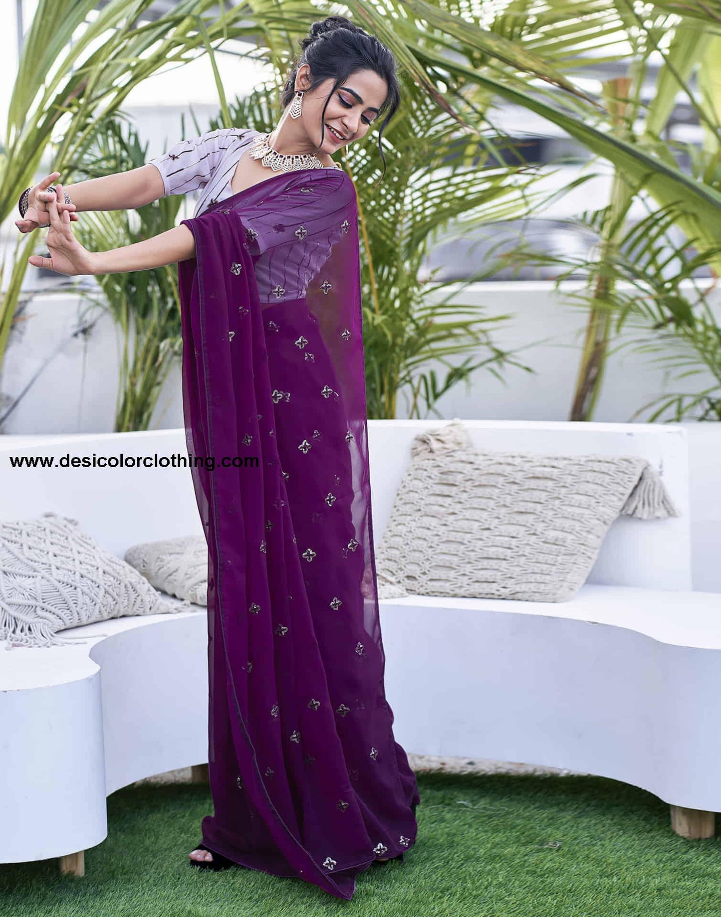 Dark Purple Georgette Sequence Embroidery Saree