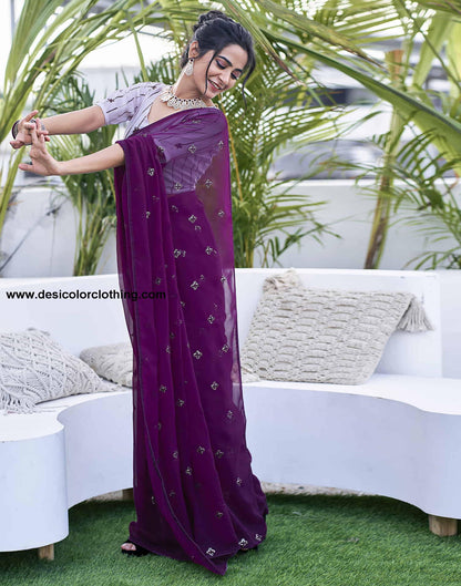 Dark Purple Georgette Sequence Embroidery Saree