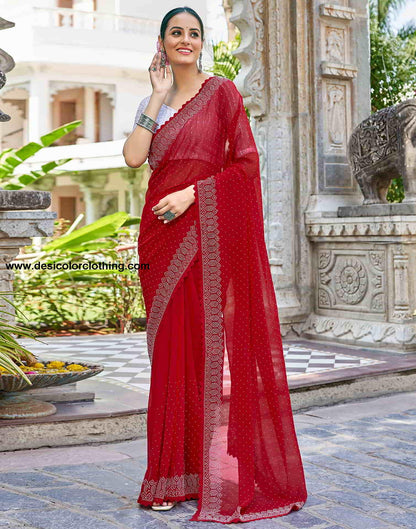 Red Swarovski Georgette Stone Work Saree