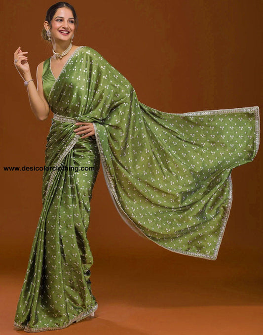 Olive Green Silk Bandhani Saree