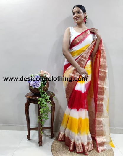 Red Organza Printed Saree