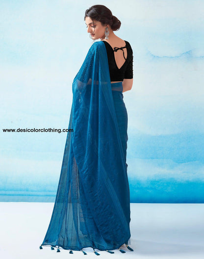 Sea Blue Georgette Plain Saree