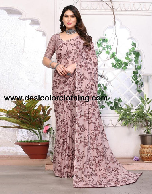Dusty Pink Georgette Floral Printed Saree