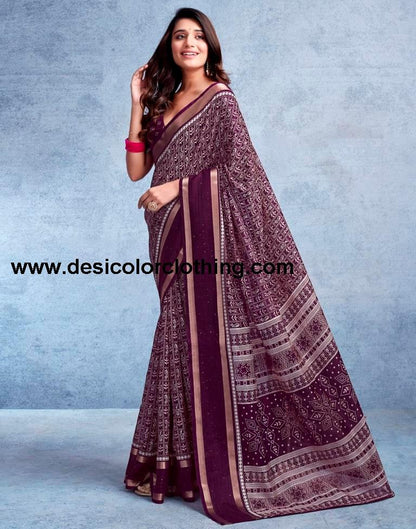 Wine Silk Printed  Saree