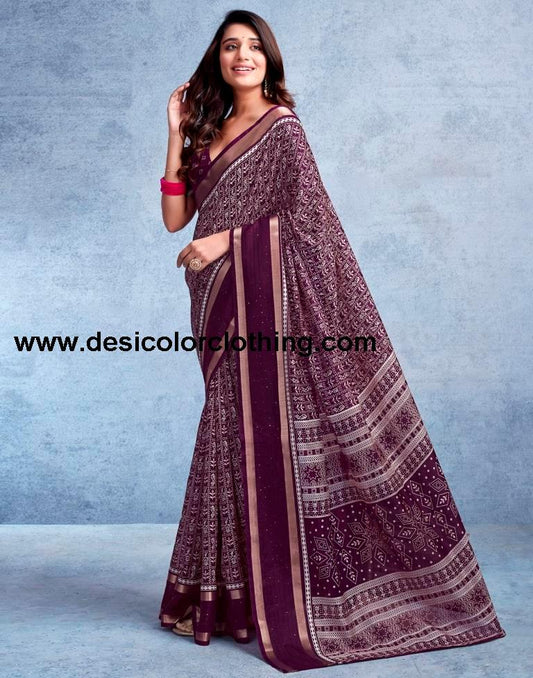 Wine Silk Printed  Saree