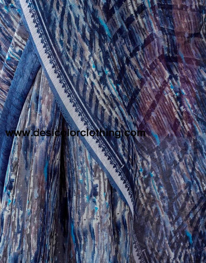 Blue. Multi Chiffon Printed  Saree