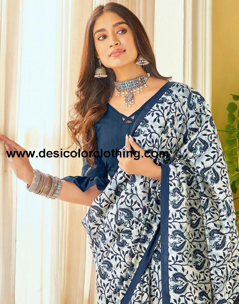White Silk Printed Sarees