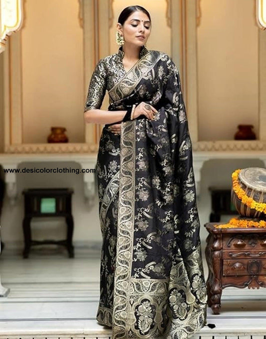 Black Silk Plain Saree