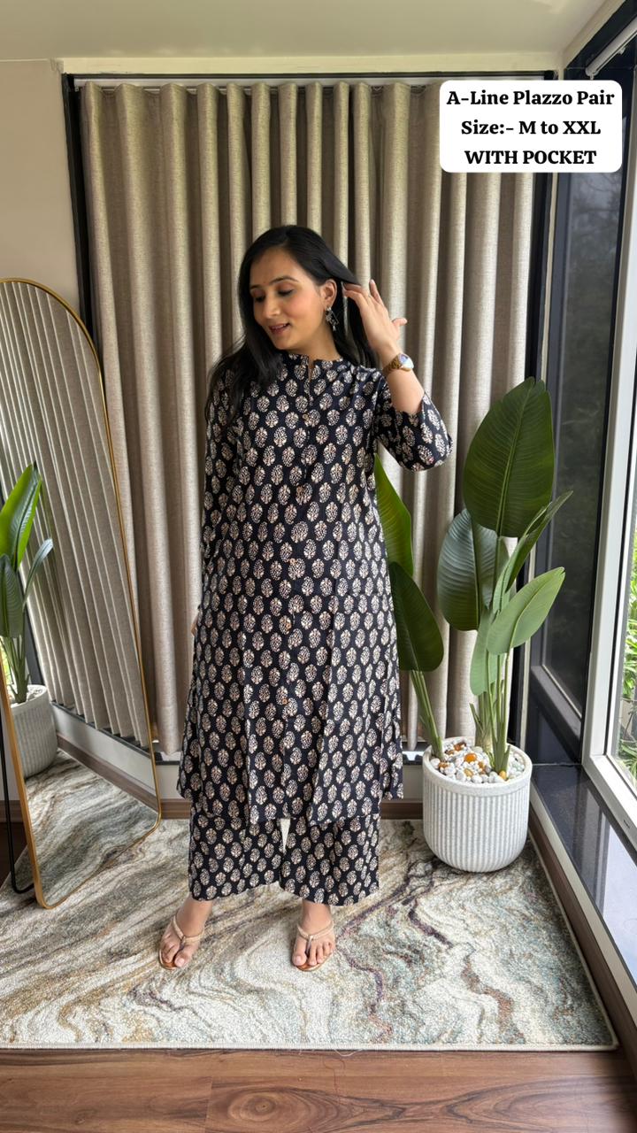 Product Image - Ajrakh Print Cotton Kurti Plazzo Set