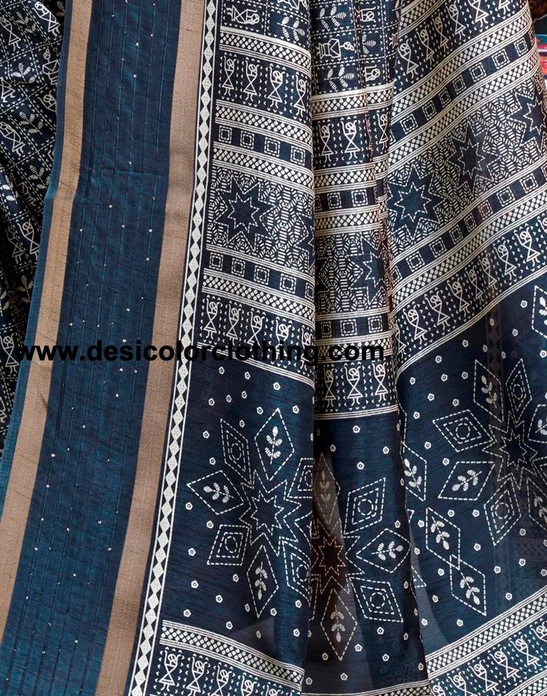 Dusty Blue Silk Printed  Saree