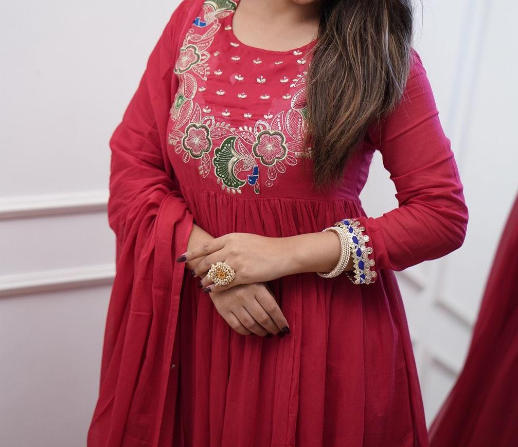 Product Image - Designer Cotton Anarkali Suit Set with Embroidered Dupatta - Festive & Wedding Wear