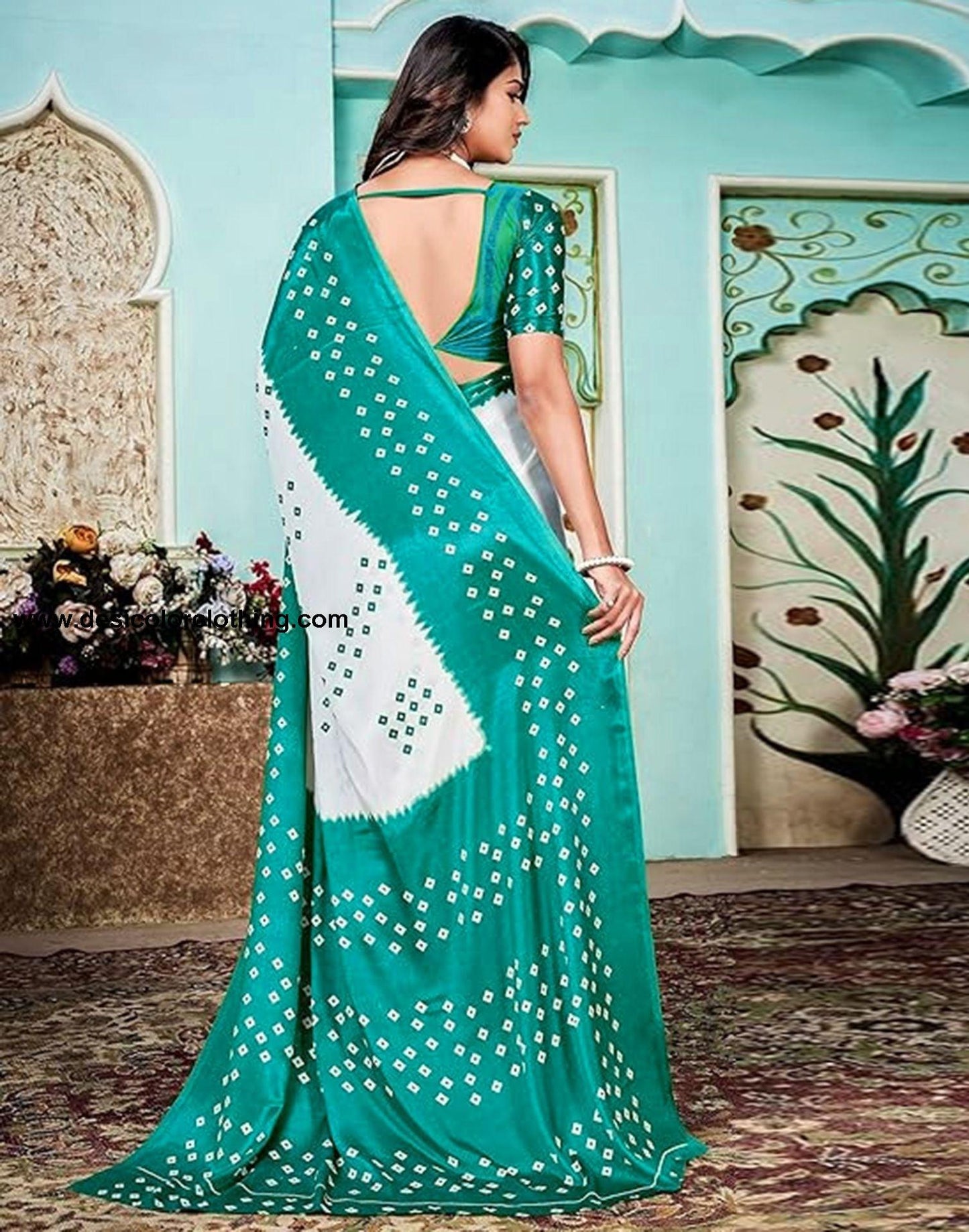 Rama Green Printed Chiffon Saree