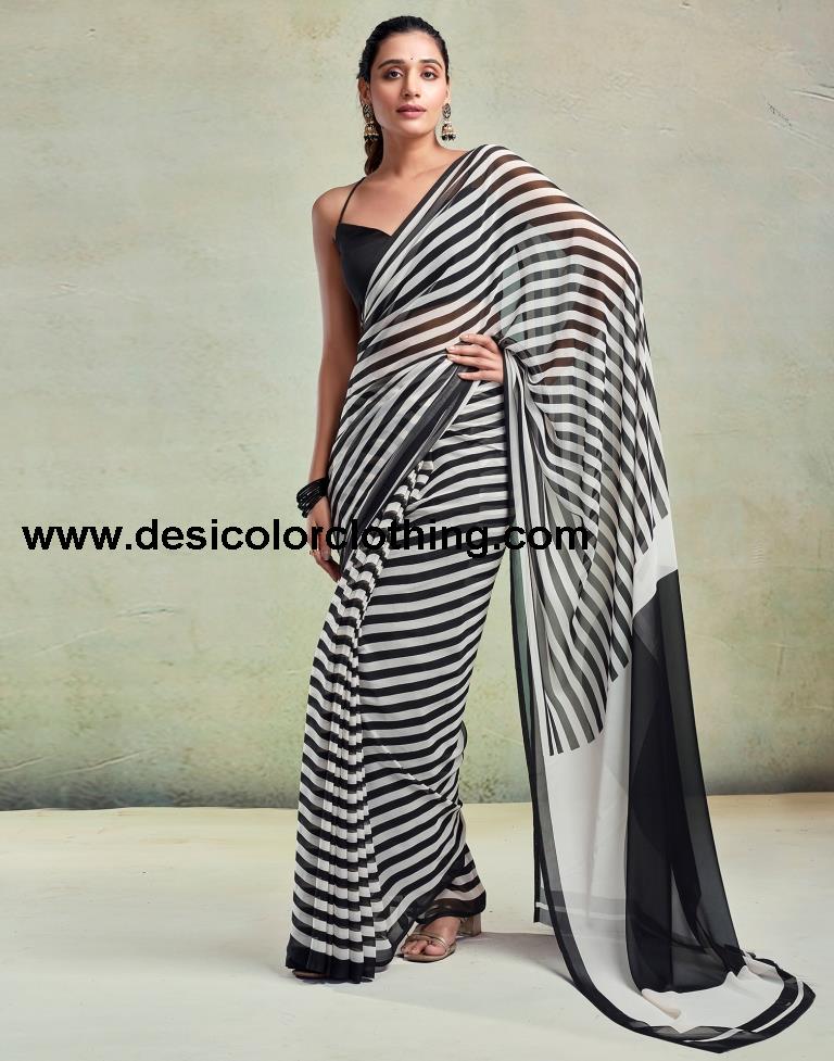 White Georgette Printed  Saree