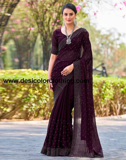 Deep Purple Georgette Plain Saree