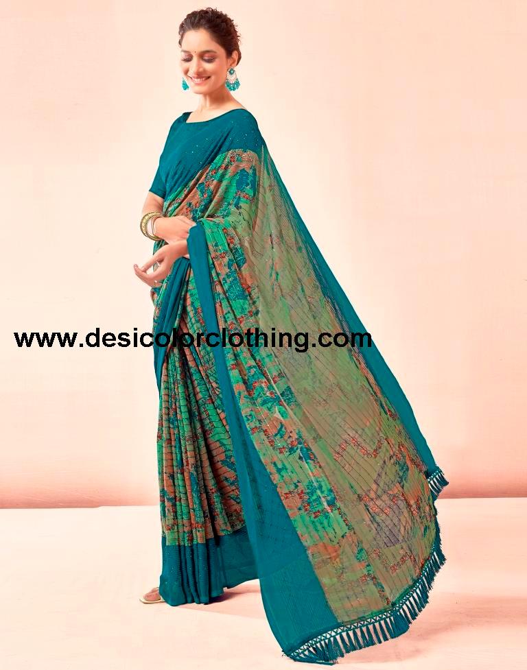 Rama Blue Printed Georgette Saree
