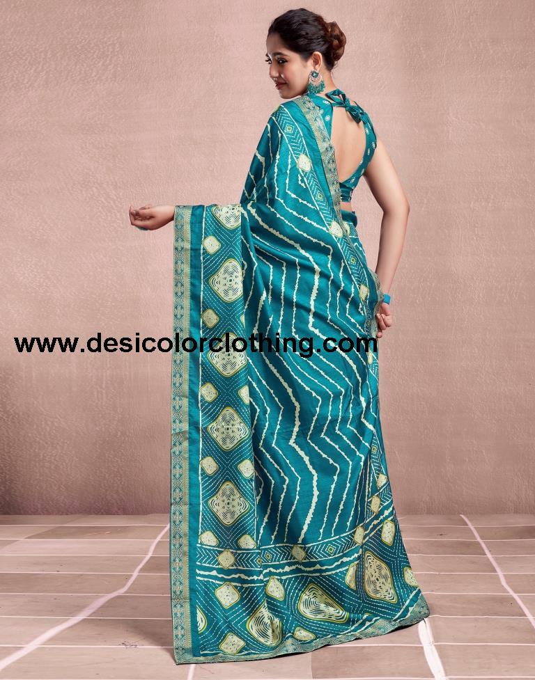 Teal Blue Silk Printed Saree