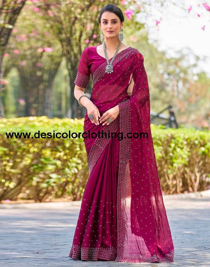 Dark Pink Georgette Plain Saree
