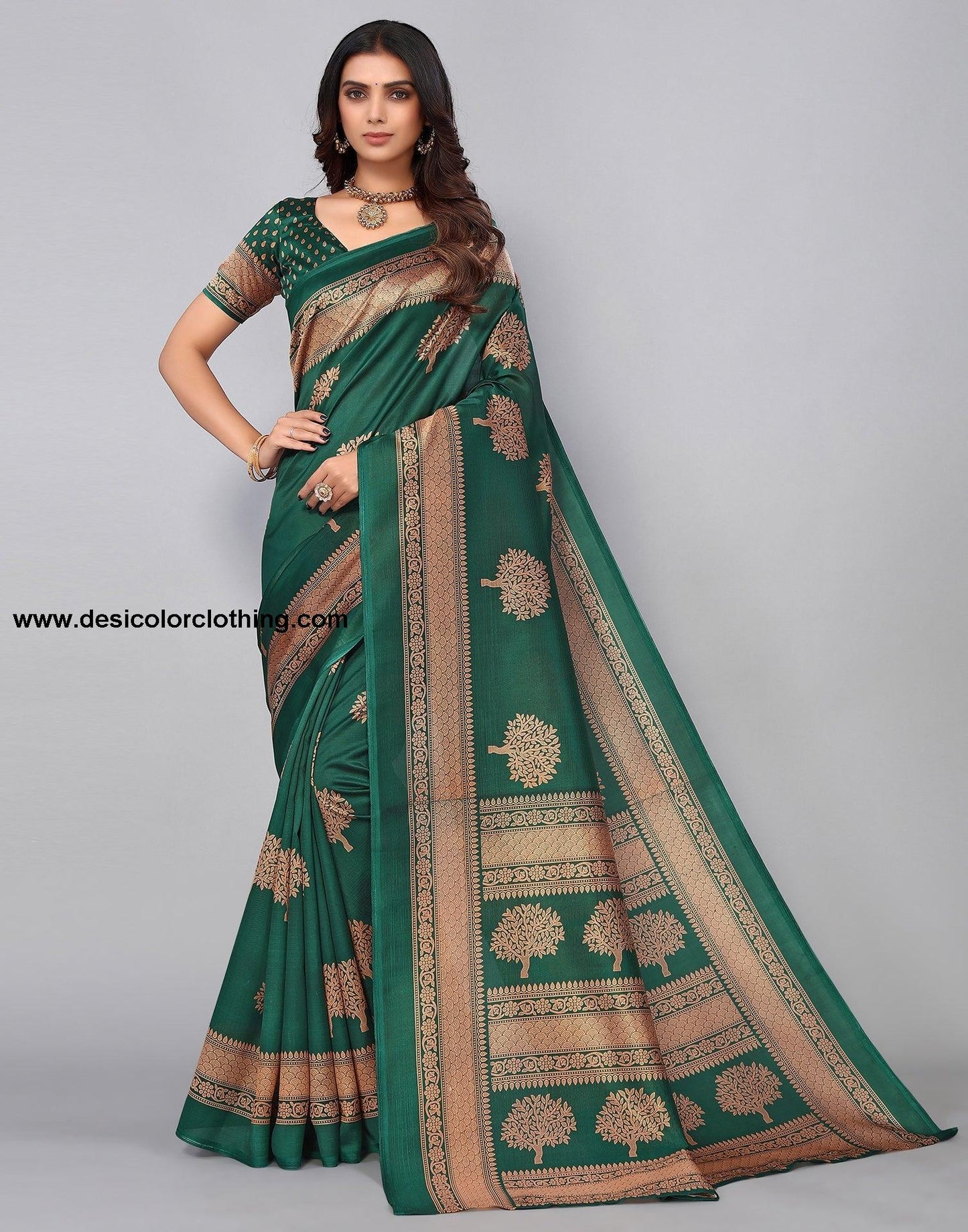 Bottle Green Silk Printed Saree
