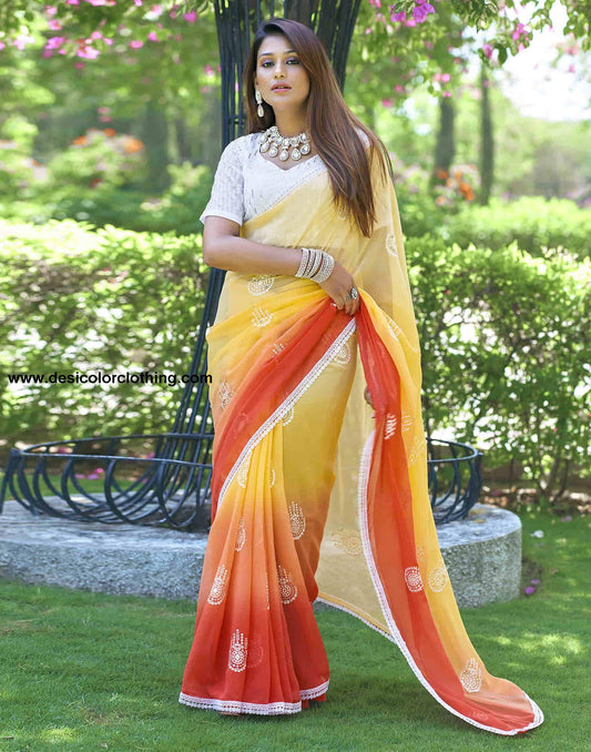 Orange Georgette Sequence Swarovski Saree