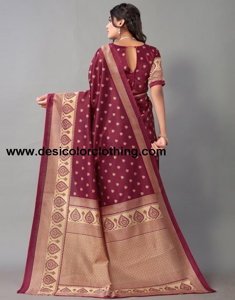 Beige And Maroon Banarasi Silk Saree