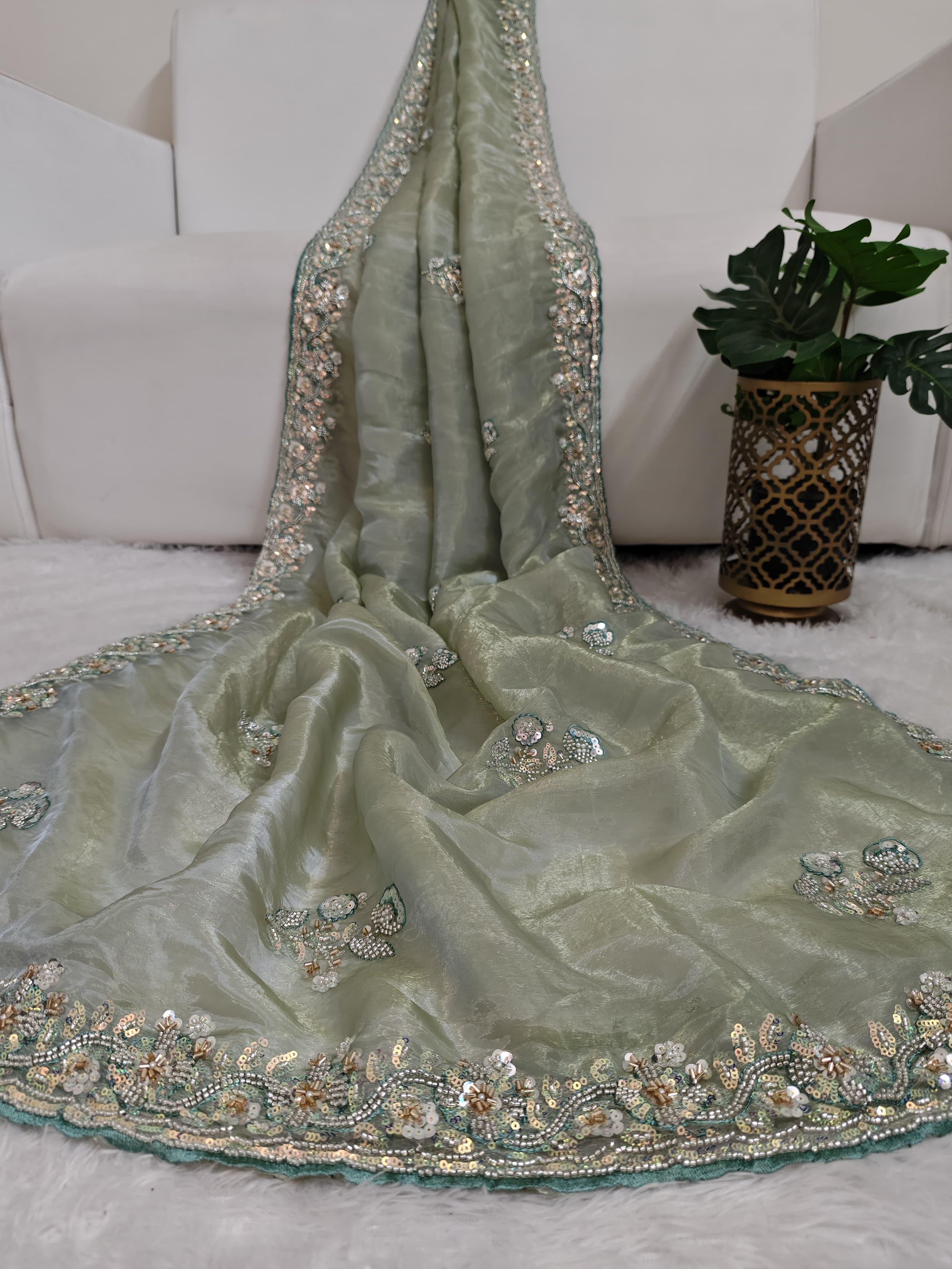 Product Image - Mint Color Shimmer Glass Organza Saree