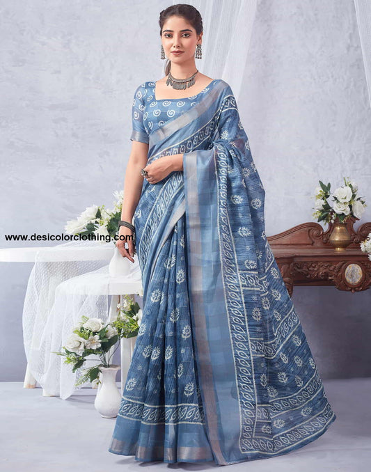 Blue Printed Cotton Saree