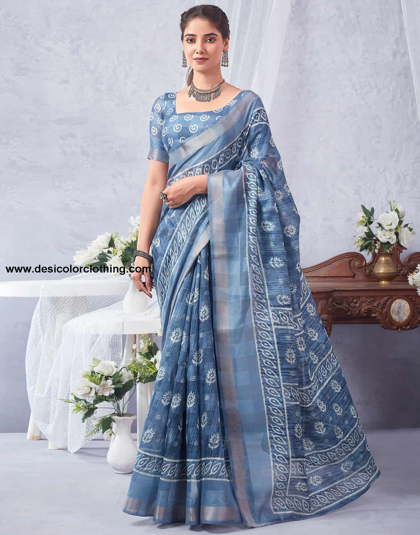 Blue Printed Cotton Saree