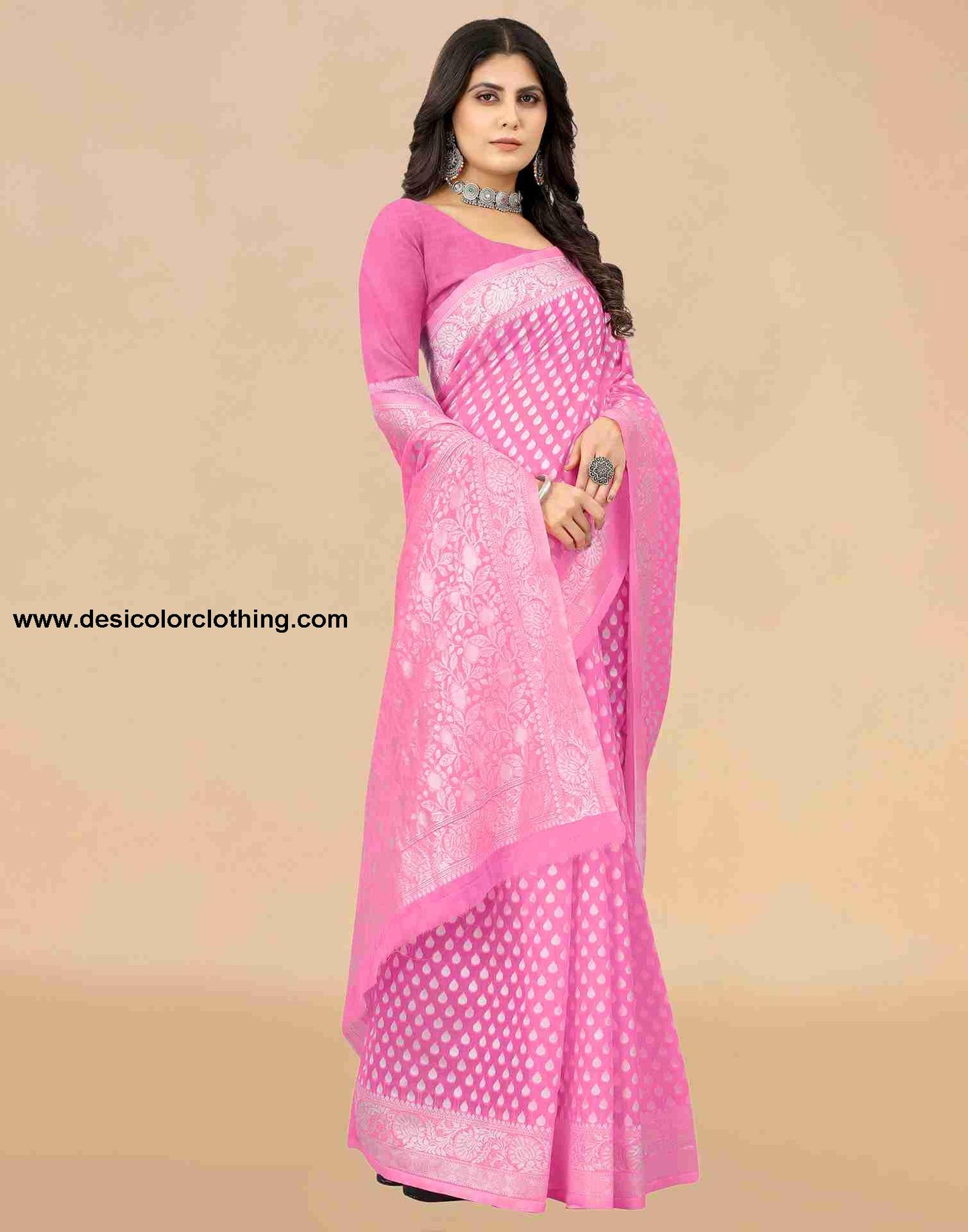 Pink Cotton Plain Saree