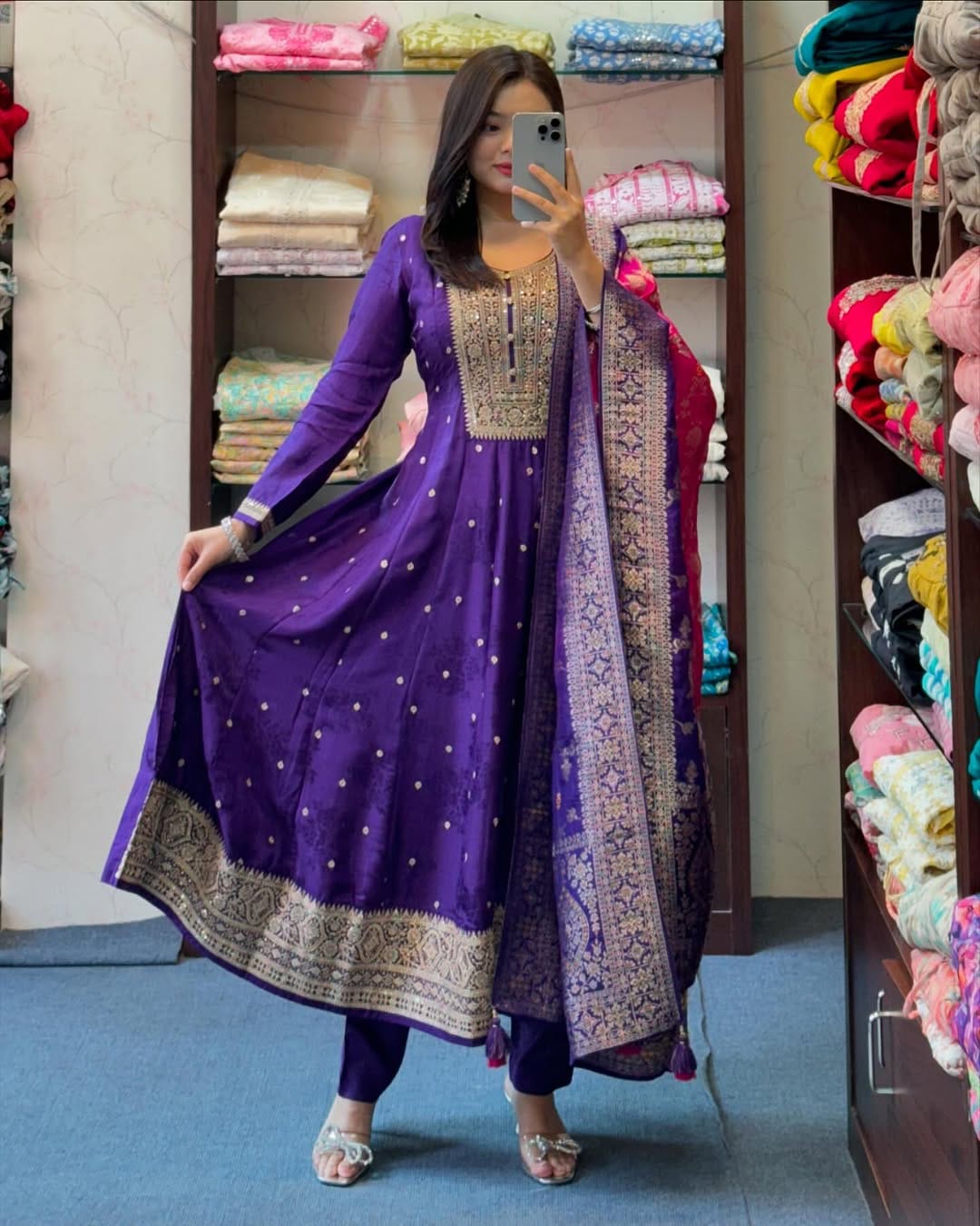 Product Image - Exquisite Anarkali Flared Silk Kurti Pant Dupatta Set