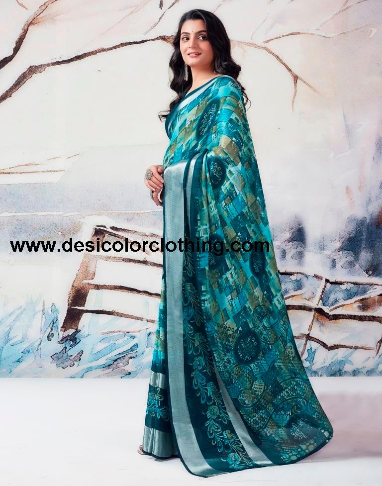 Blue Chiffon Printed  Saree