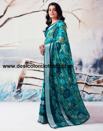 Blue Chiffon Printed  Saree