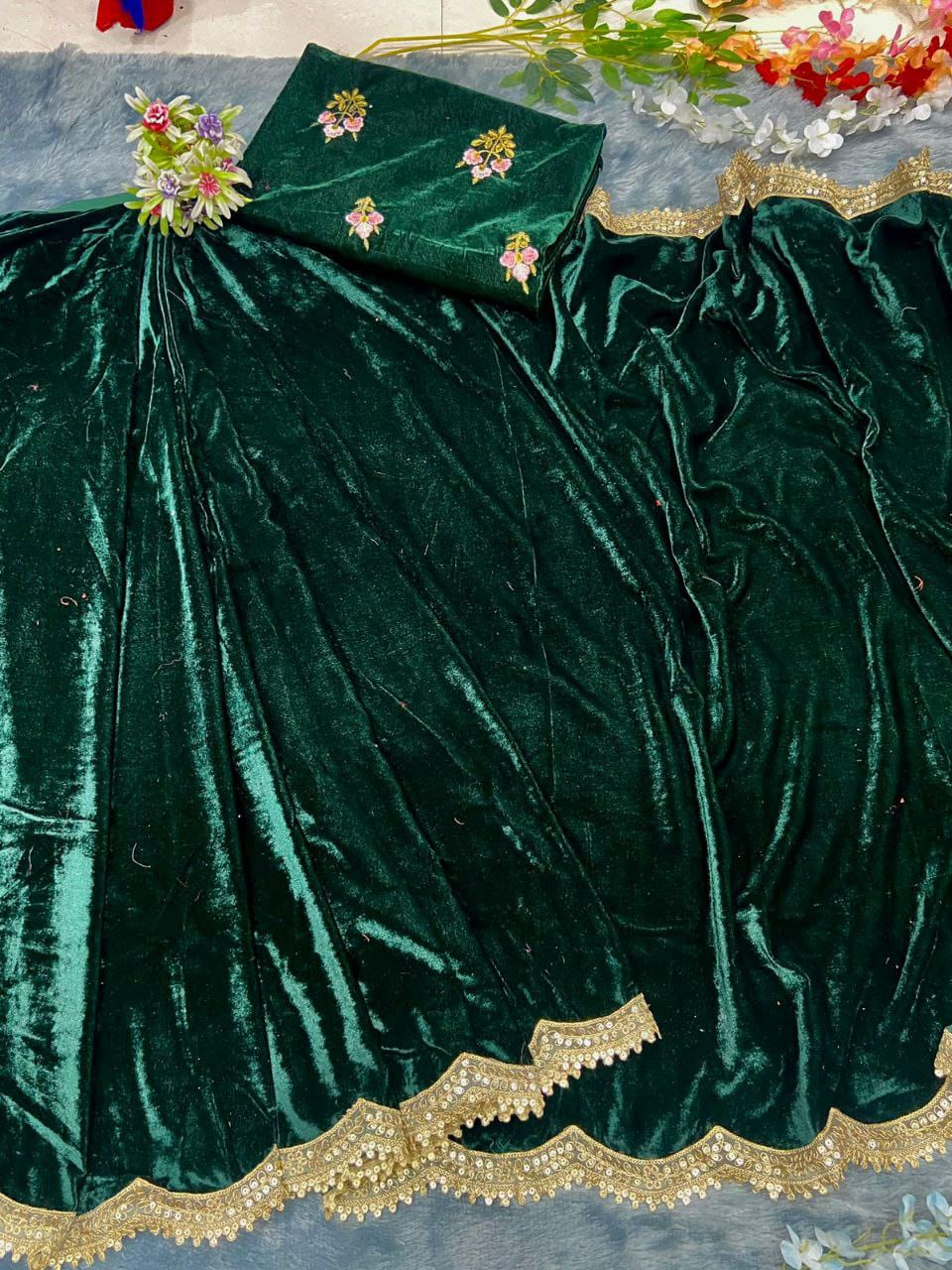 Product Image - Exquisite Ready-to-Wear Velvet Designer Saree with Embroidery and Sequins