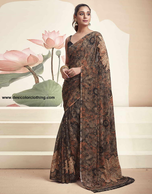 Rust Georgette Printed Saree