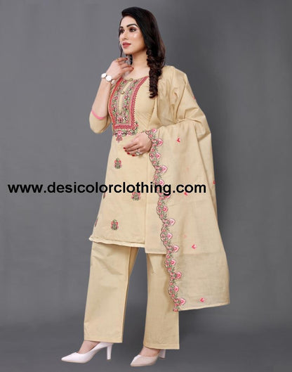 Warm Beige Cotton Embroidered Unstitched Salwar Suit