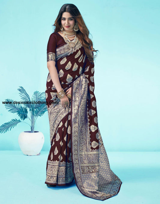 Brown Jacquard Silk Saree