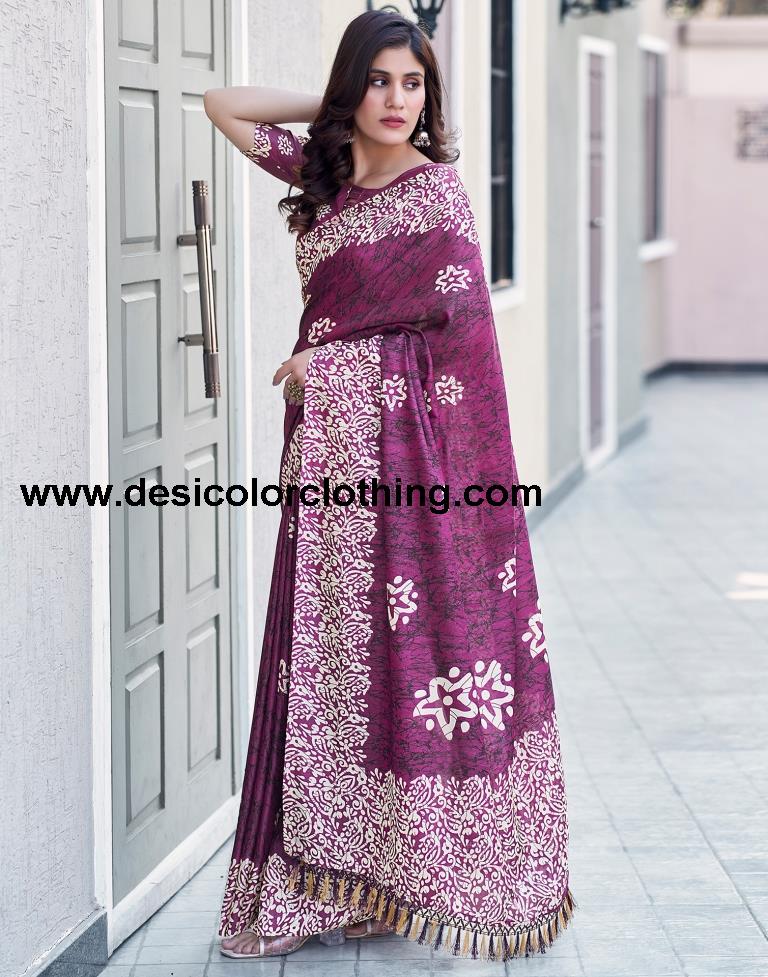 Dark Purple Silk Printed Saree