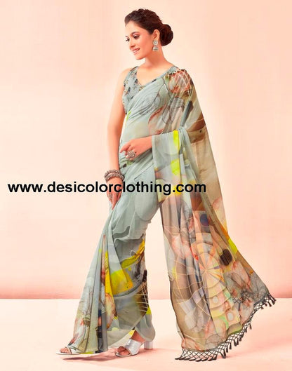 Dusty Green Georgette Printed Sarees